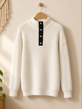 Cream Mock Neck Button-Trim Woman's Sweater